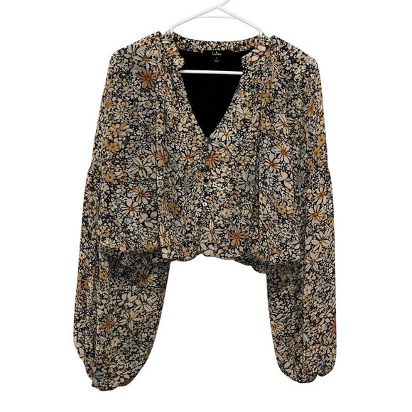 Lulus Multi Floral Balloon Sleeve boho V-Neck Women's Top Size Small - Picture 2 of 8